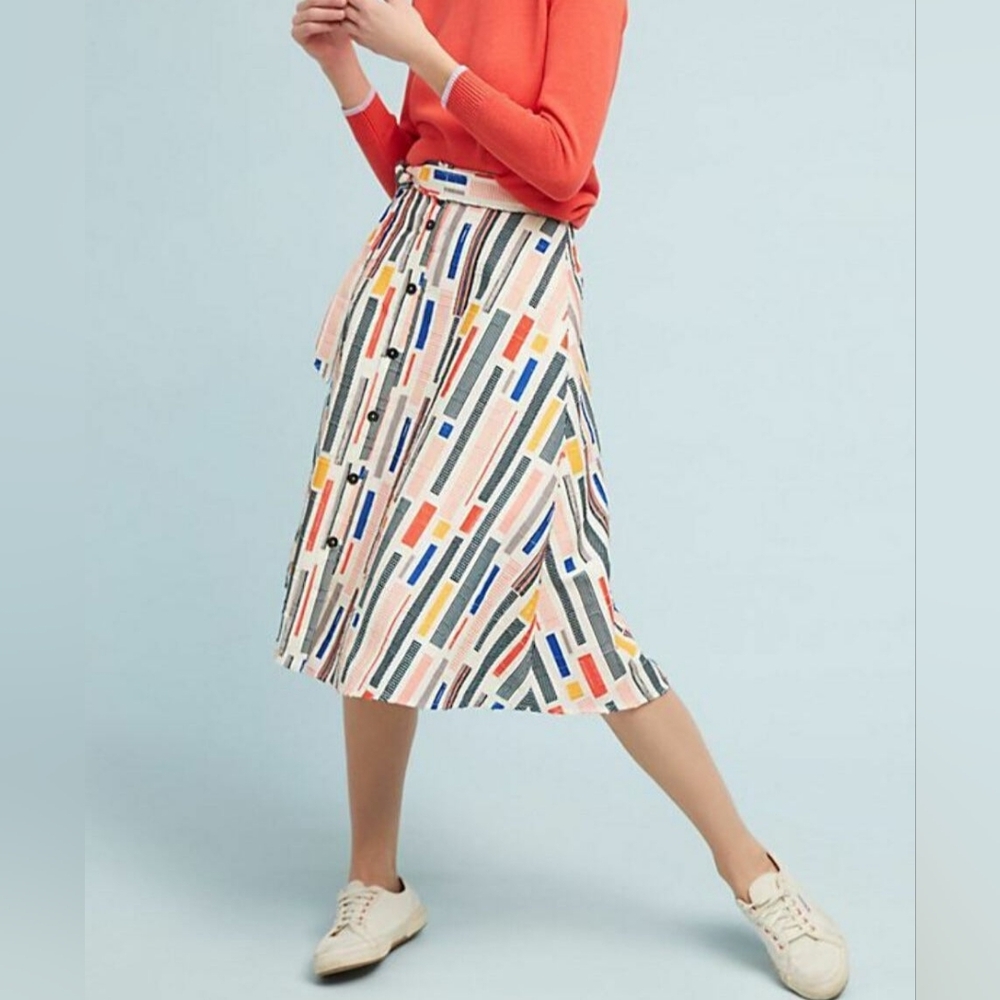 Anthropologie Hutch 50’s Print Button Front A-Line Skirt With Tie Waist Size 10 - Picture 7 of 8